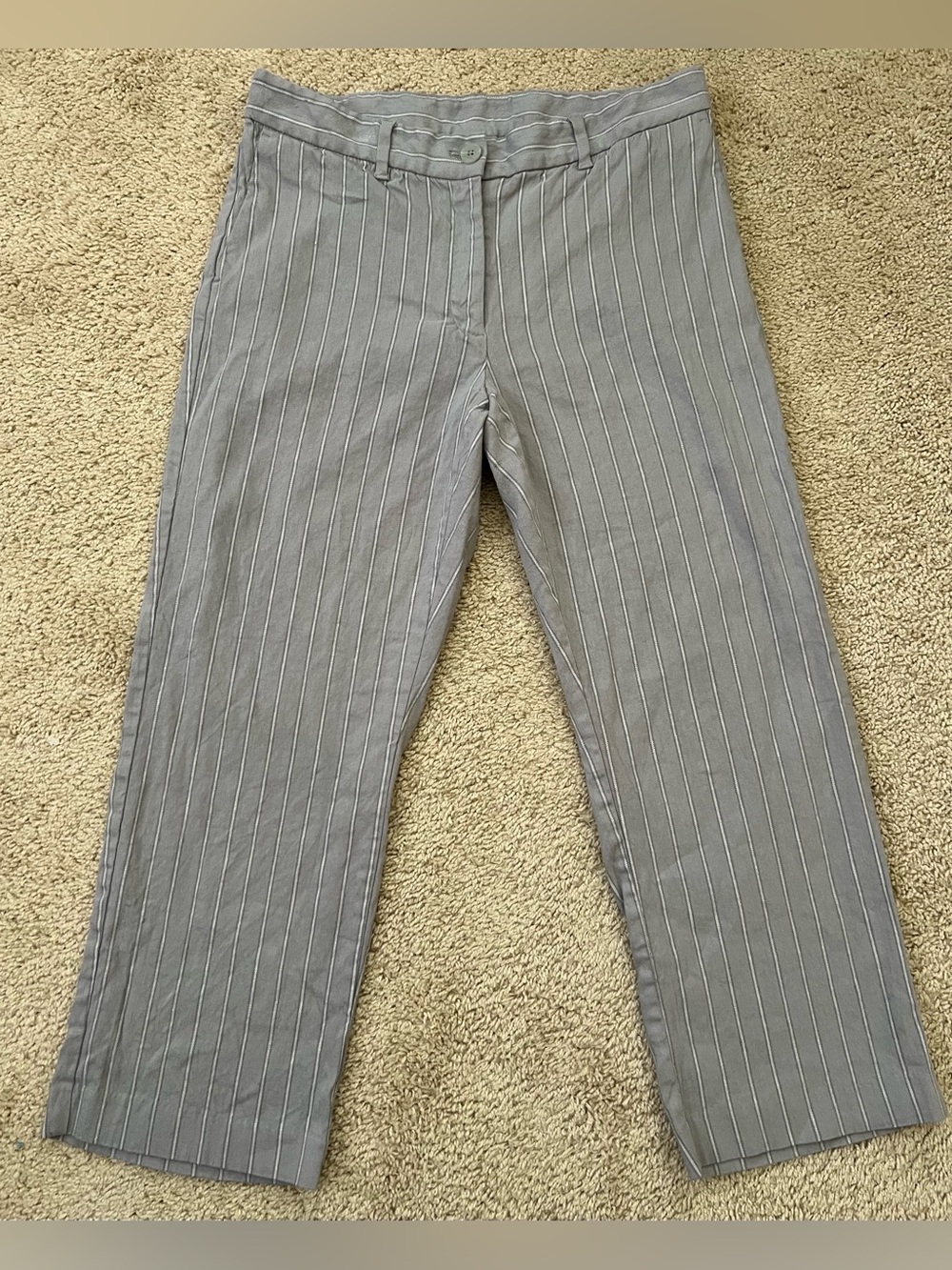 J. Jill Linen Stretch Pants Size 10 Straight Leg Gray White Stripe Cropped